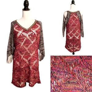 Gimmicks BKE Buckle M Open Knit Tunic Sweater Cold Shoulder Boho Burgundy